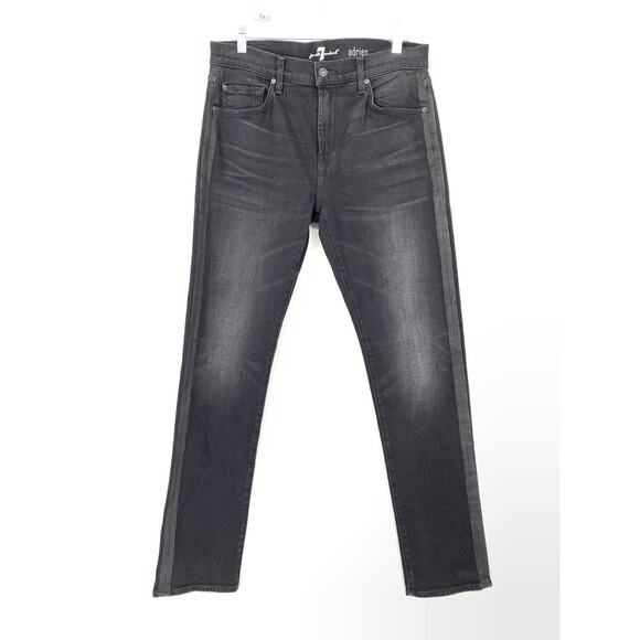 7 For All Mankind Adrien Jeans Mens Size 31 X 33 Black Washed Denim Side Stripe - Picture 1 of 7